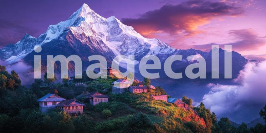 A majestic mountain peak, bathed in the vibrant hues of a breathtaking sunset, overlooks a picturesque village nestled amidst the dramatic Himalayan landscape