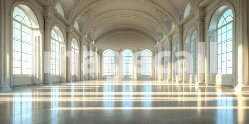 Sunlight streams through a colonnade of towering pillars, illuminating the grand hall of a palatial residence, creating an atmosphere of grandeur and timeless elegance