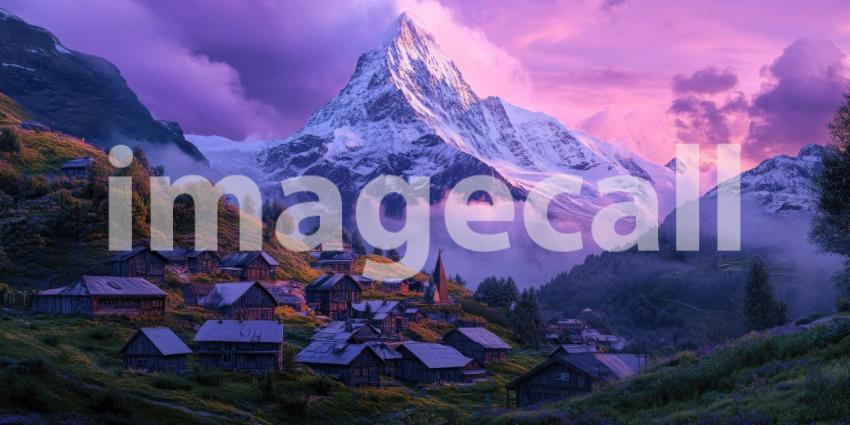 A majestic mountain peak, bathed in the vibrant hues of a breathtaking sunset, overlooks a picturesque village nestled amidst the dramatic Himalayan landscape
