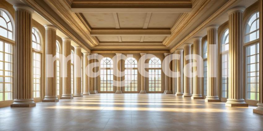 Sunlight streams through a colonnade of towering pillars, illuminating the grand hall of a palatial residence, creating an atmosphere of grandeur and timeless elegance