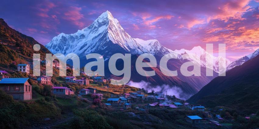 A majestic mountain peak, bathed in the vibrant hues of a breathtaking sunset, overlooks a picturesque village nestled amidst the dramatic Himalayan landscape