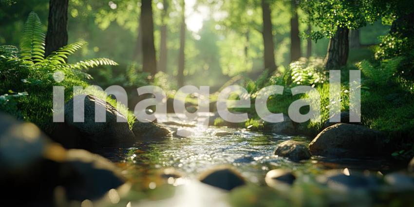 Sunlight filters through a lush canopy of trees, illuminating a peaceful stream as it meanders through a verdant forest