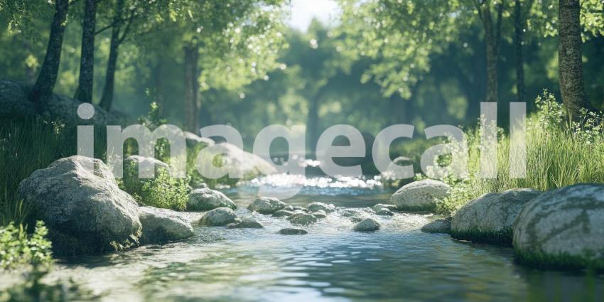 Sunlight filters through a lush canopy of trees, illuminating a peaceful stream as it meanders through a verdant forest