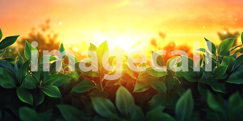 A field of lush green crops basks in the warm glow of the setting sun, creating a picturesque scene of rural tranquility