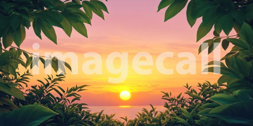 A field of lush green crops basks in the warm glow of the setting sun, creating a picturesque scene of rural tranquility