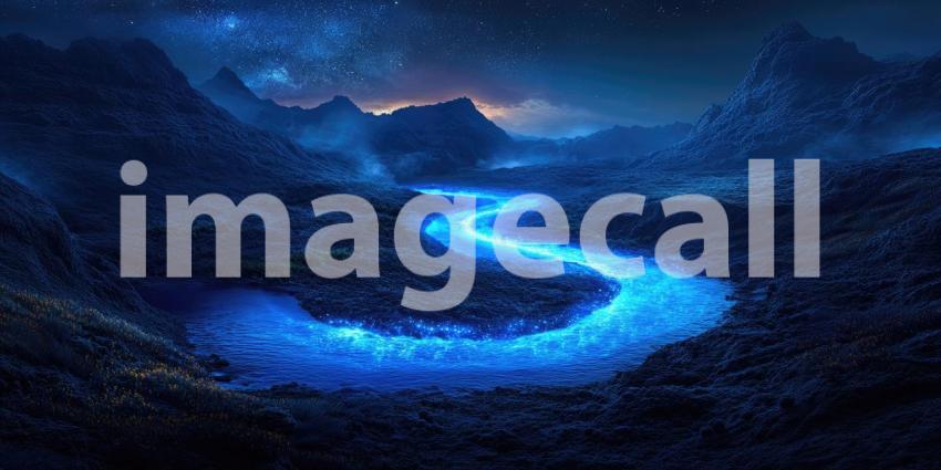 A winding river, glowing with an ethereal blue light, snakes through a mystical landscape under a sky ablaze with stars, creating a scene of otherworldly beauty