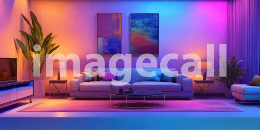 A living room bathed in a mesmerizing spectrum of colors, thanks to dynamic LED lighting, creating a captivating and personalized atmosphere
