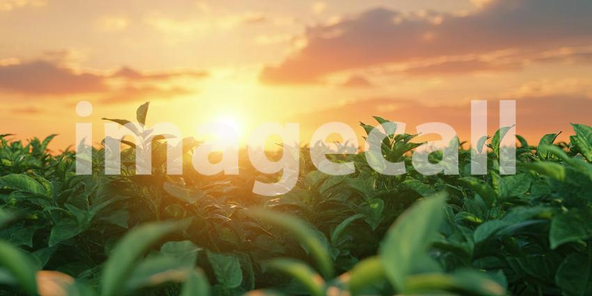 A field of lush green crops basks in the warm glow of the setting sun, creating a picturesque scene of rural tranquility