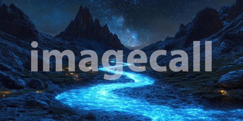 A winding river, glowing with an ethereal blue light, snakes through a mystical landscape under a sky ablaze with stars, creating a scene of otherworldly beauty