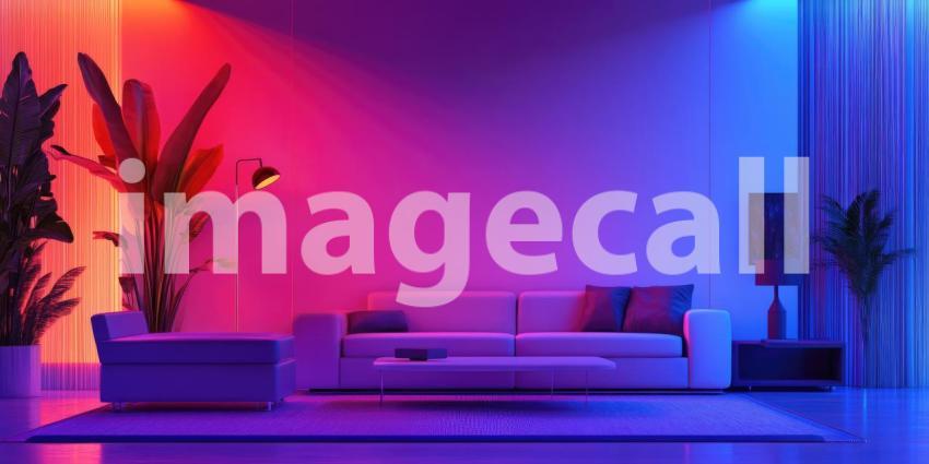 A living room bathed in a mesmerizing spectrum of colors, thanks to dynamic LED lighting, creating a captivating and personalized atmosphere