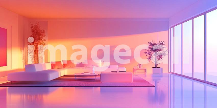 A living room bathed in a mesmerizing spectrum of colors, thanks to dynamic LED lighting, creating a captivating and personalized atmosphere