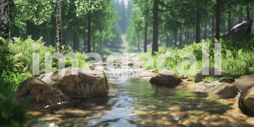 Sunlight filters through a lush canopy of trees, illuminating a peaceful stream as it meanders through a verdant forest