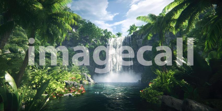 A cascading waterfall plunges into a crystal-clear pool, surrounded by a lush tropical paradise, creating a scene of tranquility and natural beauty