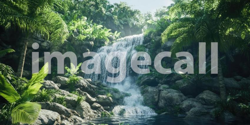 A cascading waterfall plunges into a crystal-clear pool, surrounded by a lush tropical paradise, creating a scene of tranquility and natural beauty