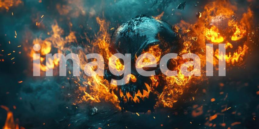 Flames engulf a desolate village under a menacing sky, as bats circle overhead, creating a scene of apocalyptic dread and impending doom