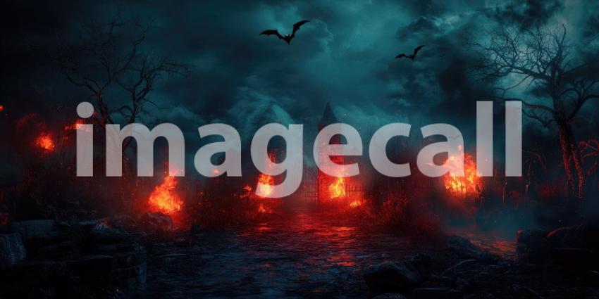 Flames engulf a desolate village under a menacing sky, as bats circle overhead, creating a scene of apocalyptic dread and impending doom