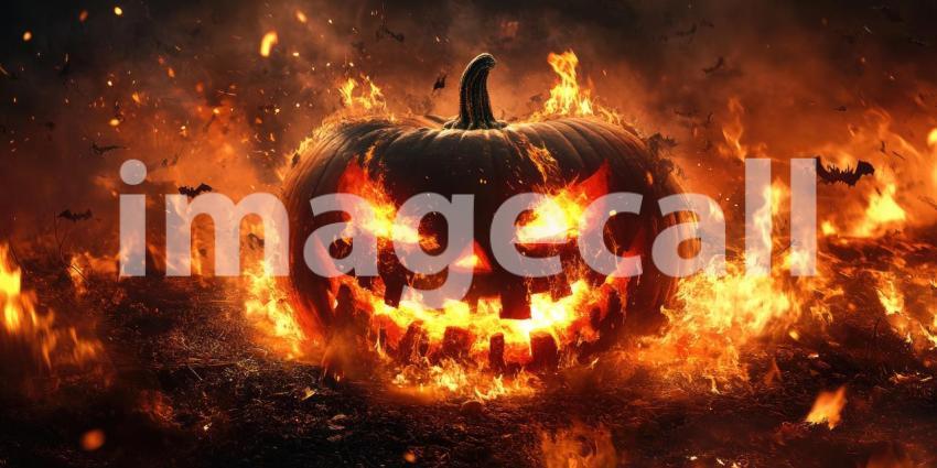 Flames engulf a desolate village under a menacing sky, as bats circle overhead, creating a scene of apocalyptic dread and impending doom