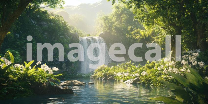 A cascading waterfall plunges into a crystal-clear pool, surrounded by a lush tropical paradise, creating a scene of tranquility and natural beauty
