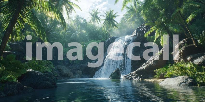 A cascading waterfall plunges into a crystal-clear pool, surrounded by a lush tropical paradise, creating a scene of tranquility and natural beauty