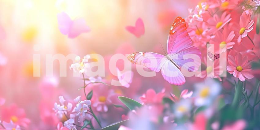 A vibrant butterfly, with wings alight, rests on a cluster of glowing pink flowers, creating a scene of ethereal beauty and magic