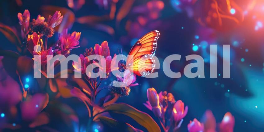 A vibrant butterfly, with wings alight, rests on a cluster of glowing pink flowers, creating a scene of ethereal beauty and magic