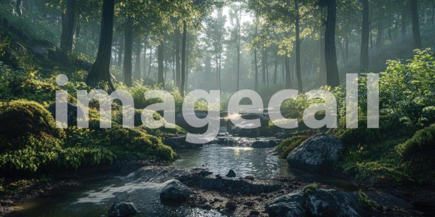 Sunlight filters through a lush canopy of trees, illuminating a peaceful stream as it meanders through a verdant forest