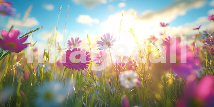 A field of wildflowers, bathed in warm sunlight, bursts with color and life, as petals dance in the breeze, celebrating the arrival of a new season
