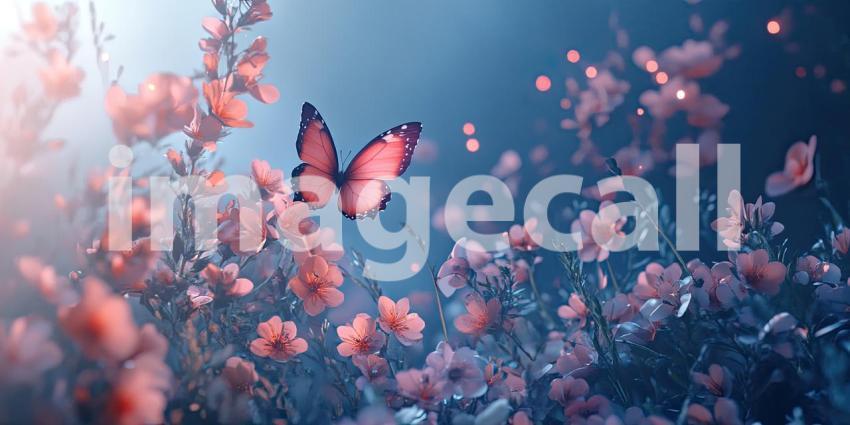 A vibrant butterfly, with wings alight, rests on a cluster of glowing pink flowers, creating a scene of ethereal beauty and magic