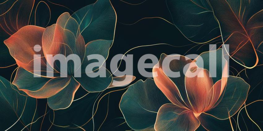 A Tapestry of Gold and Shadow: Delicate, golden flowers bloom against a deep blue backdrop, their intricate details illuminated, creating an elegant and captivating abstract design