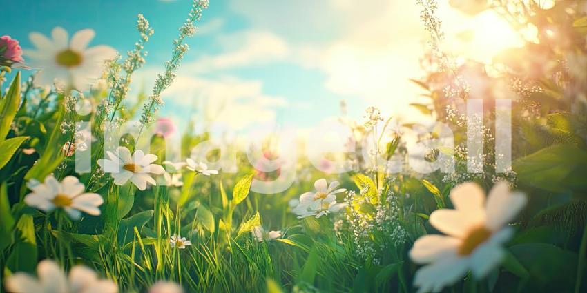 A field of wildflowers, bathed in warm sunlight, bursts with color and life, as petals dance in the breeze, celebrating the arrival of a new season