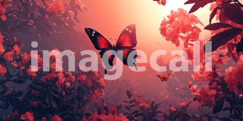 A vibrant butterfly, with wings alight, rests on a cluster of glowing pink flowers, creating a scene of ethereal beauty and magic