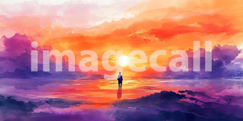 A breathtaking watercolor painting captures the vibrant hues of a sunset, painting the sky in shades of orange, purple, and red, as the sun dips below the horizon