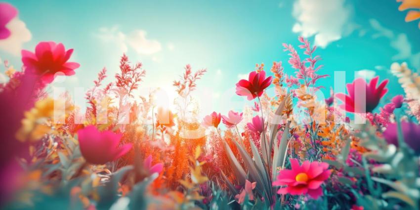A field of wildflowers, bathed in warm sunlight, bursts with color and life, as petals dance in the breeze, celebrating the arrival of a new season