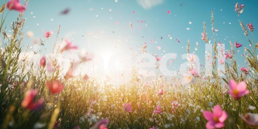 A field of wildflowers, bathed in warm sunlight, bursts with color and life, as petals dance in the breeze, celebrating the arrival of a new season