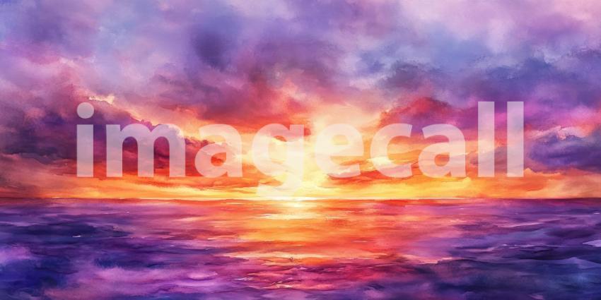 A breathtaking watercolor painting captures the vibrant hues of a sunset, painting the sky in shades of orange, purple, and red, as the sun dips below the horizon