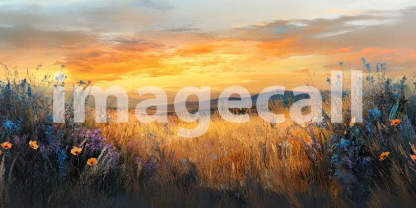 A breathtaking sunset casts a warm glow over a field of wildflowers, painting the sky with vibrant hues and creating a scene of tranquil beauty