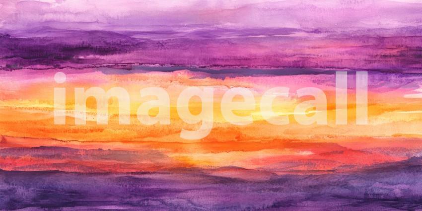 A breathtaking watercolor painting captures the vibrant hues of a sunset, painting the sky in shades of orange, purple, and red, as the sun dips below the horizon