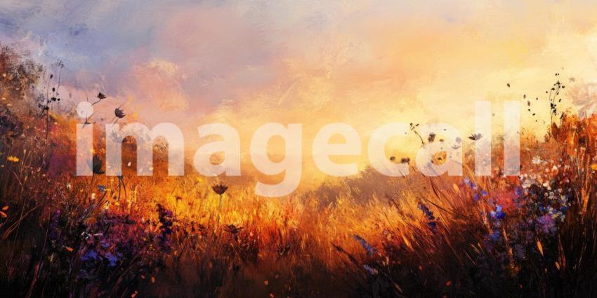 A breathtaking sunset casts a warm glow over a field of wildflowers, painting the sky with vibrant hues and creating a scene of tranquil beauty