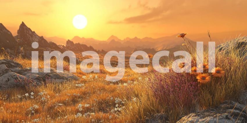 A breathtaking sunset casts a warm glow over a field of wildflowers, painting the sky with vibrant hues and creating a scene of tranquil beauty