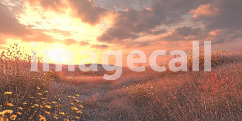 A breathtaking sunset casts a warm glow over a field of wildflowers, painting the sky with vibrant hues and creating a scene of tranquil beauty