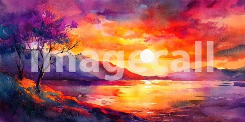 A breathtaking watercolor painting captures the vibrant hues of a sunset, painting the sky in shades of orange, purple, and red, as the sun dips below the horizon