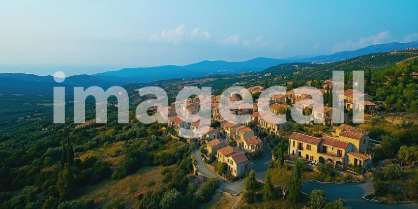 An aerial view captures a picturesque village nestled amidst rolling hills, with charming stone houses and lush greenery, evoking a sense of tranquility and idyllic Mediterranean living
