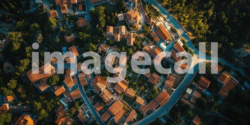 An aerial view captures a picturesque village nestled amidst rolling hills, with charming stone houses and lush greenery, evoking a sense of tranquility and idyllic Mediterranean living