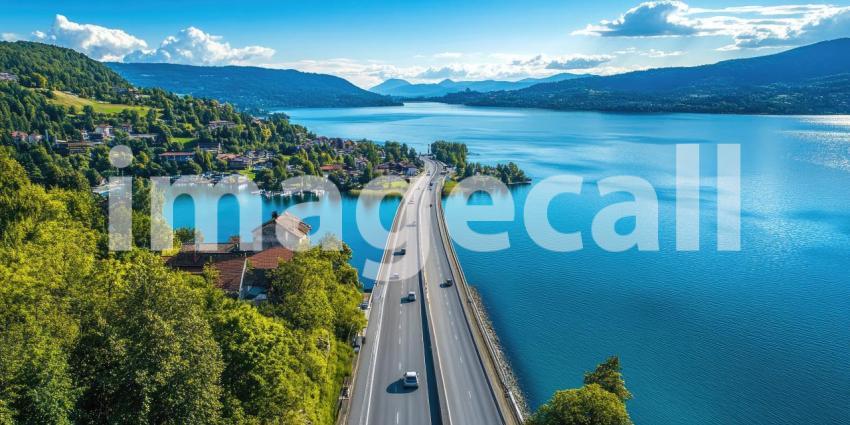 A majestic bridge spans a serene lake, its graceful arches reflecting on the calm water below, creating a picturesque scene of infrastructure and natural beauty