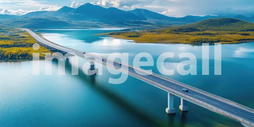 A majestic bridge spans a serene lake, its graceful arches reflecting on the calm water below, creating a picturesque scene of infrastructure and natural beauty