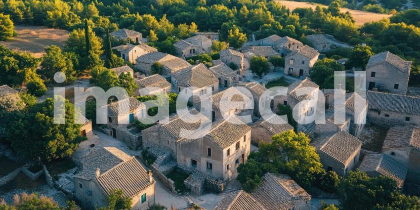 An aerial view captures a picturesque village nestled amidst rolling hills, with charming stone houses and lush greenery, evoking a sense of tranquility and idyllic Mediterranean living