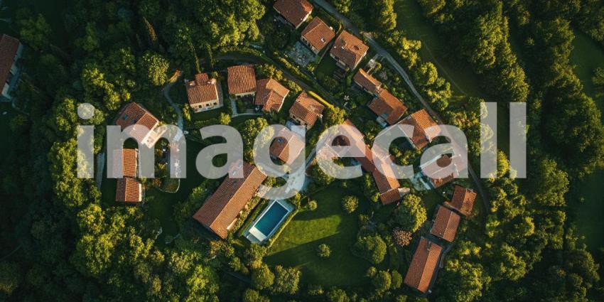 An aerial view captures a picturesque village nestled amidst rolling hills, with charming stone houses and lush greenery, evoking a sense of tranquility and idyllic Mediterranean living