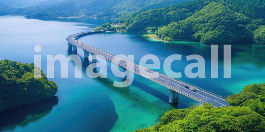 A majestic bridge spans a serene lake, its graceful arches reflecting on the calm water below, creating a picturesque scene of infrastructure and natural beauty