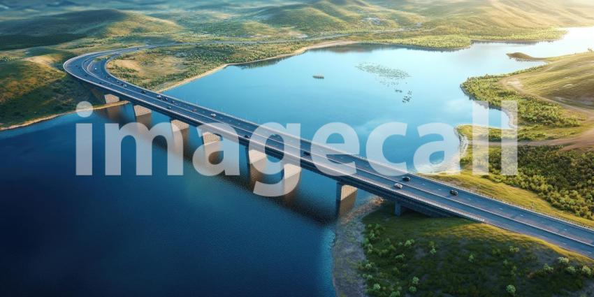 A majestic bridge spans a serene lake, its graceful arches reflecting on the calm water below, creating a picturesque scene of infrastructure and natural beauty