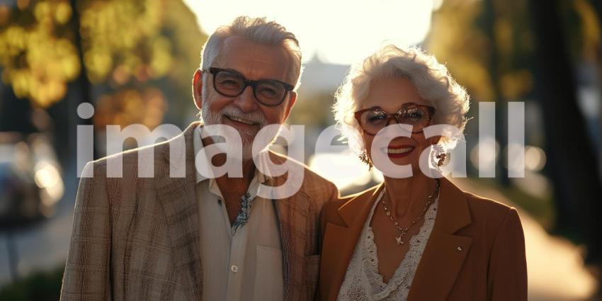 Two Individuals Walking Outdoors in Urban Setting: Late Afternoon or Early Evening with Warm, Golden Hue, Person on the Left Wearing Light-Colored Blazer Over Sweater and Shirt